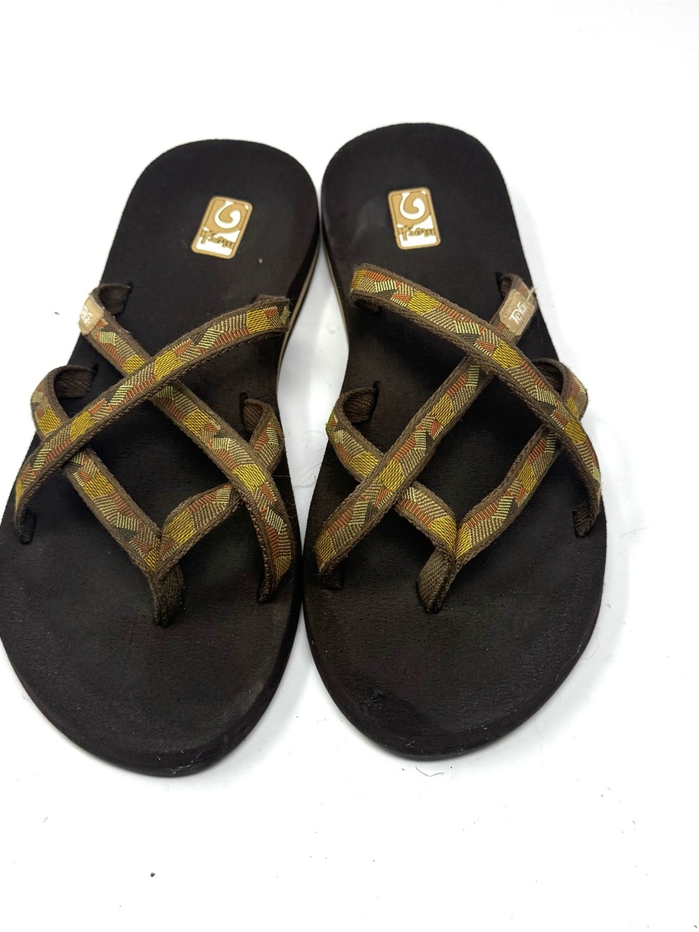 Teva Womens Olowahu Mush Flip Flops Strappy Sandals Brown Yellow Orange Size 9